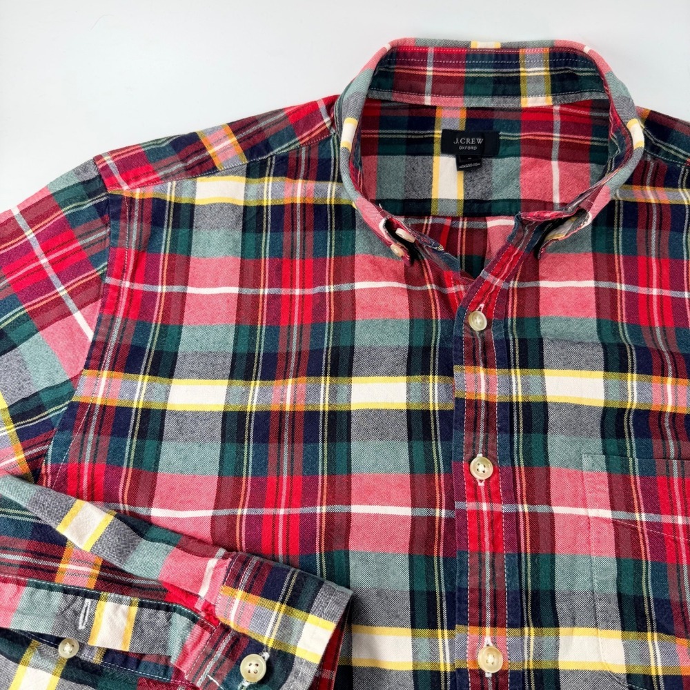 J.Crew Mens Oxford Shirt Medium Red Green Plaid Button Down Cotton Ivy League